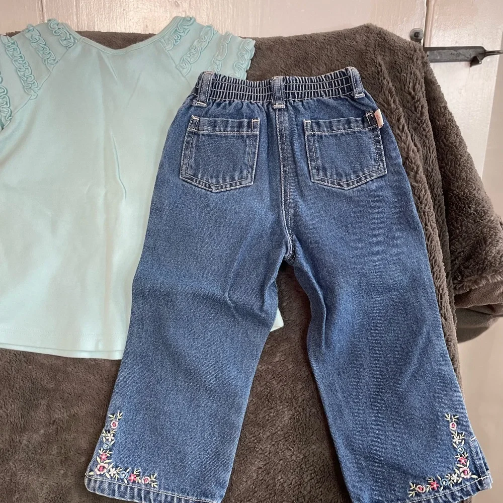 Vintage GYMBOREE Ruffle Sleeve Girls Top and Jeans Embroidery details Set 4Y